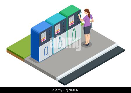 Isometric Recycling machine isolated on white. Woman put bottles in vending machine. Reverse Vending Recycling Machine. Recycling machine that Stock Vector