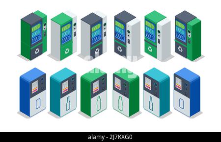 Isometric Recycling machine isolated on white. Put bottles in vending machine. Reverse Vending Recycling Machine. Recycling machine that dispenses Stock Vector