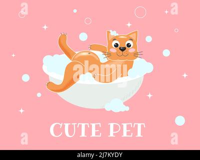 Red cat lies in bath with foam cartoon. Funny pet washing himself. Grooming for animals vector illustration concept Stock Vector