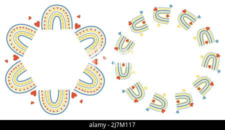 Collection of round frames with decorative Scandinavian rainbows and hearts. Vector illustration. Decorative card-wreath for decoration, napkin for de Stock Vector