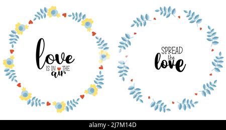 Two Round Floral Cards - Love is in the Air and Spread Love. Botanical Frame with Flowers and Branches Vector illustration for decor, design, print an Stock Vector