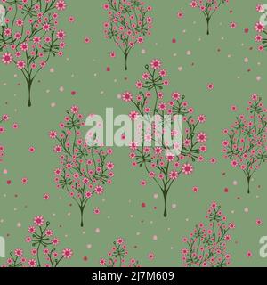 Seamless vector pattern with cherry blossom tree on green background. Beautiful flower forest wallpaper design. Stock Vector