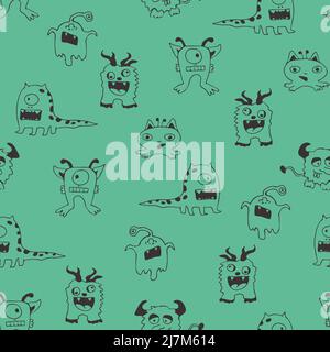 Seamless vector pattern with cartoon monsters on blue background. Simple comic animal wallpaper design for children. Funny character fashion textile. Stock Vector