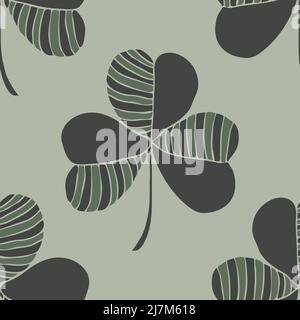 Seamless vector pattern with clover leaf on grey background. Simple artistic charm wallpaper design. Decorative luck fashion textile. Stock Vector
