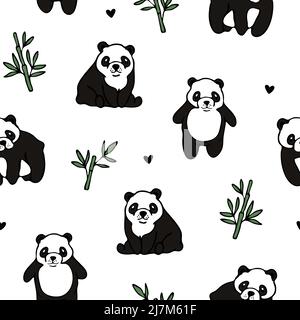 Seamless vector pattern with cute panda on white background. Simple teddy bear wallpaper design for children. Decorative animal fashion textile. Stock Vector