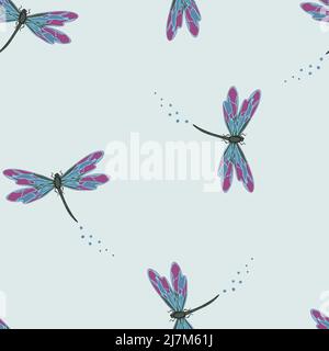 Seamless vector pattern with dragonfly's on blue background. Simple insect wallpaper design. Beautiful wildlife fashion textile. Stock Vector