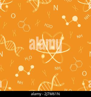 Seamless vector pattern with DNA and atom on yellow background. Chemistry student wallpaper design. Decorative science fashion textile. Stock Vector