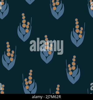 Seamless vector pattern with abstract flower elements on dark blue background. Simple floral wallpaper design. Vintage fashion textile. Stock Vector
