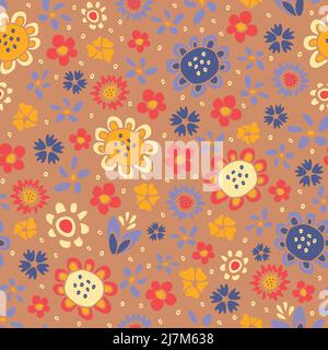 Seamless vector pattern with hand drawn flowers on pink background. Beautiful floral wallpaper design. Hippies fashion fabric style. Stock Vector