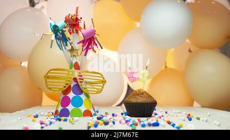 Creative happy birthday greetings with number or number, holiday background with balloons, decorations for the holiday, copy space. Stock Photo