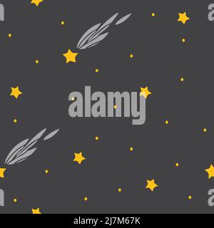 Seamless vector pattern with falling stars and dots on grey background. Simple wallpaper design for children. Stock Vector