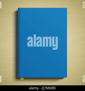 Blue book cover 3D vector mockup. A closed paperback book lying on a wooden table surface. Stock Vector