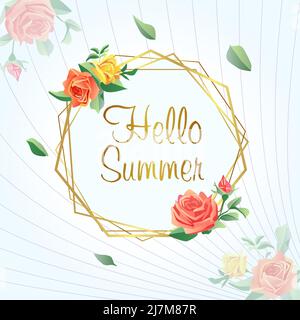 Beautiful floral background with lettering Hello Summer. Cute holiday greeting card or poster for wedding, cafe or restaurant menu concept with vintag Stock Vector