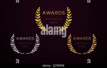 Awards icons collection. Set of gold, silver and bronze round branches in modern brushing stroke style. Isolated abstract graphic design template. Sam Stock Vector