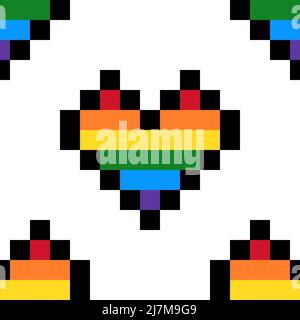 Rainbow heart pixel art seamless pattern LGBTQ Stock Vector