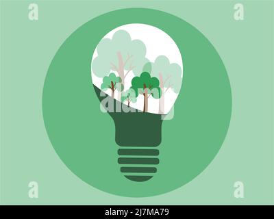 illustration of light bulb with green trees inside, environment day concept,stock illustration Stock Vector