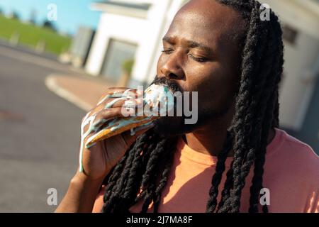 African American Man Eating Sweet Belgian Waffle Very Happy Pointing 