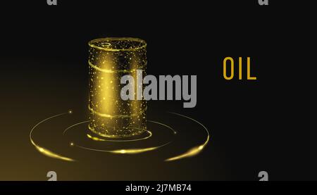 Barrel with oil. Glowing barrel of petroleum. Wireframe low poly graphics. Abstract vector illustration on dark background. Stock Vector