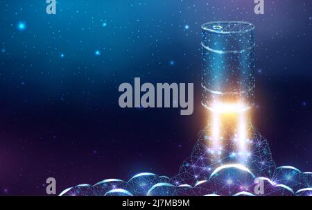 Barrel with oil launch, wireframe polygonal style. The price of oil is falling or growth concept with glowing low poly barrel of petroleum. Futuristic Stock Vector