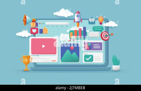 Digital marketing concept with icons, symbols social network and media communication. Landing page template. 3d Vector EPS10 Stock Vector