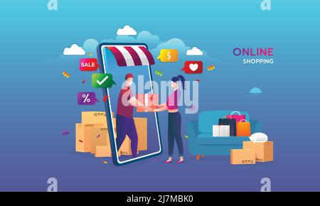 Online shopping on website E-commerce or mobile phone applications vector concepts and digital marketing. The woman is shopping on mobile phone and th Stock Vector