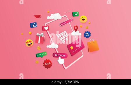 Online shopping store on website E-commerce on smart phone. Marketing and digital marketing  with symbols and icons shopping. Vector EPS10. Stock Vector