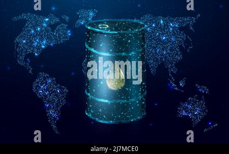 Barrel oil with globe map. Glowing barrel of petroleum. Wireframe low poly graphics. Isolated on dark blue background. Vector illustration. Stock Vector