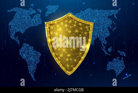 Barrel oil with globe map. Glowing barrel of petroleum. Wireframe low poly graphics. Isolated on dark blue background. Vector illustration. Stock Vector