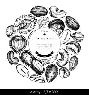 Round design with black and white cashew, peanut, pistachio, etc. Stock Vector