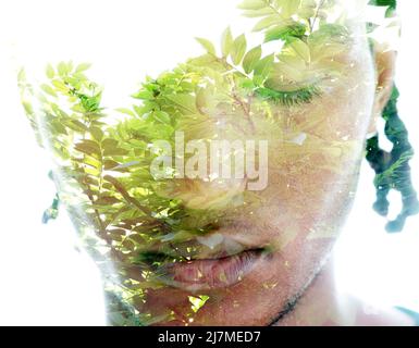 Classic double exposure portrait combined with nature Stock Photo
