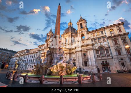 Piazza Navona at the Obelisk and Sant'Agnese in Rome, Italy at twilight. Stock Photo