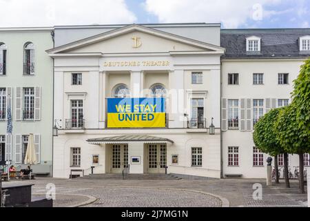 Berlin, Germany. May 2022. Deutsches Theater along Schumannstrasse in Berlin Mitte district expressing solidarity with Ukraine, Europe, EU Stock Photo