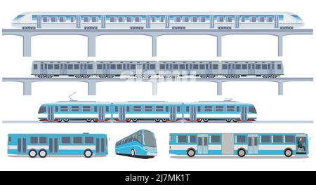 Transport by train and bus, public transport transportation, set illustration Stock Vector