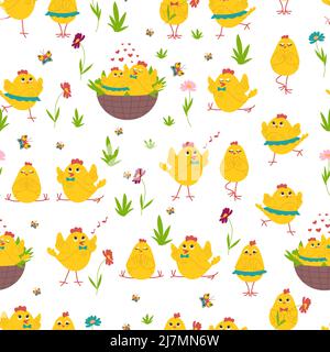 Cute chickens in different poses, flowers and butterflies seamless pattern. Easter chickens. Poultry. Vector illustration Stock Vector