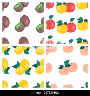 Set of fruit seamless patterns. Kiwi, apples, peaches, lemons, fruit prints. Vector illustration Stock Vector