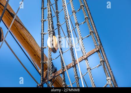 A part of the rig of the Mayflower ship in the harbor of Plymouth, Massachusetts Stock Photo