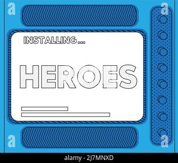 Cartoon Computer With the word Heroes. Message of a screen displaying an installation window. Stock Vector