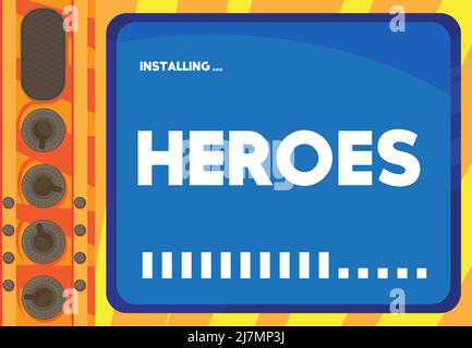 Cartoon Computer With the word Heroes. Message of a screen displaying an installation window. Stock Vector