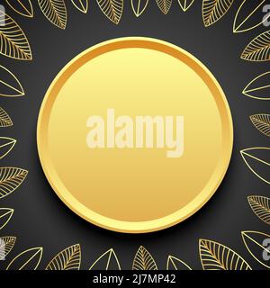 Golden plate with leaves on dark gray background. Elegant floral greeting card or social post vector design. Stock Vector