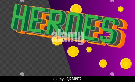 Heroes pixelated word with geometric graphic background. Vector cartoon illustration. Stock Vector