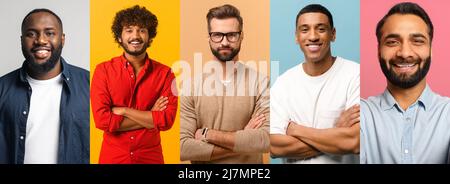 Collage banner with photos of different men in casual wear, several handsome diverse guys looking at camera isolated. African, Indian, caucasian, hispanic, latin young men in row Stock Photo