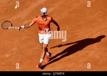 Rome, Italy. 10th May, 2022. Novak Djokovic of Serbia plays with a ball during his second round match against Aslan Karatsev of Russia at the Internazionali BNL D'Italia tennis tournament at Foro Italico in Rome, Italy on May 10th, 2022. Photo Antonietta Baldassarre/Insidefoto Credit: insidefoto srl/Alamy Live News Stock Photo