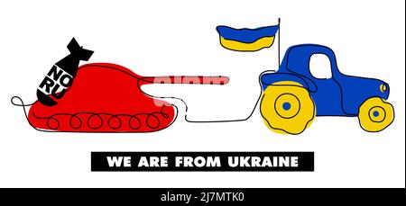 Vector Illustration with tractor in tradition Ukrainian flag colors who transportation Russian tank, and phrase NO RU, WE ARE FROM UKRAINE. Vector Stock Vector