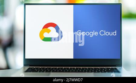 POZNAN, POL - SEP 22, 2021: Laptop computer displaying logo of Google Cloud Platform (GCP), offered by Google Stock Photo