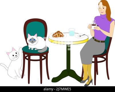 An elegant woman at Cat cafe with a white background: Birman cat, white cat, croissant, bread, Stock Vector