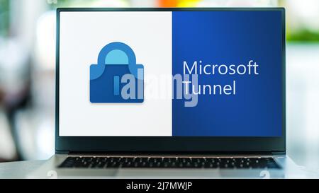 POZNAN, POL - NOV 20, 2021: Laptop computer displaying logo of Microsoft Tunnel Stock Photo