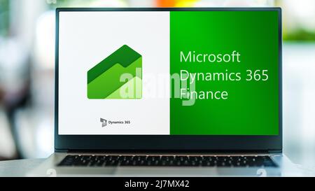 POZNAN, POL - APR 9, 2022: Laptop computer displaying logo of Microsoft ...