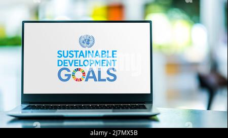 POZNAN, POL - NOV 20, 2021: Laptop displaying logo of The Sustainable Development Goals, a collection of 17 interlinked global goals set up in 2015 by Stock Photo