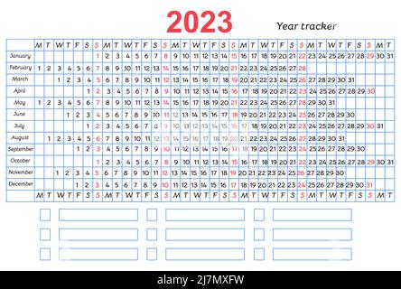 Calendar mood and habit tracker grid 2023 year. Vector design with blue line and red sundays. Table template on white background for organization and Stock Vector