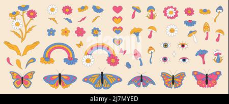 Set with retro elements. Daisies with smiles. Stock Vector